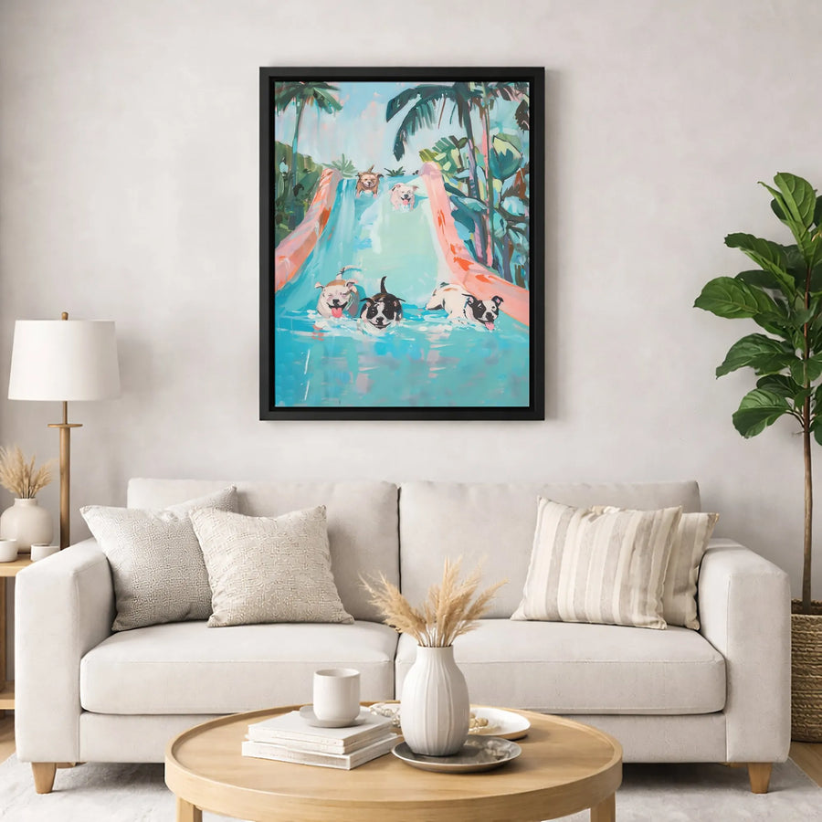 Dogs On Water Slide Canvas Wall Art | Whimsical Tropical Pet Painting | Premium Gallery Wrap Print | Fun Gift For Dog Lovers