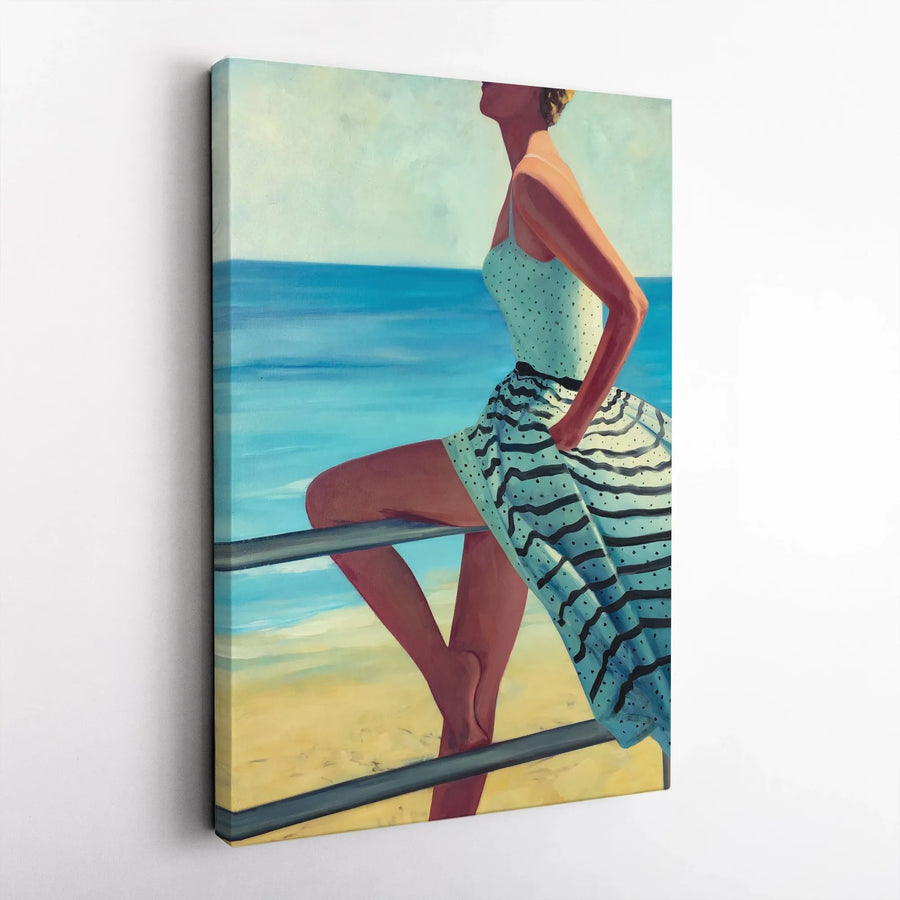 Retro Beach Woman Vertical Canvas | Vintage Style Seaside Painting Print | Premium Gallery Wrapped Canvas | Modern Coastal Home Decor Gift