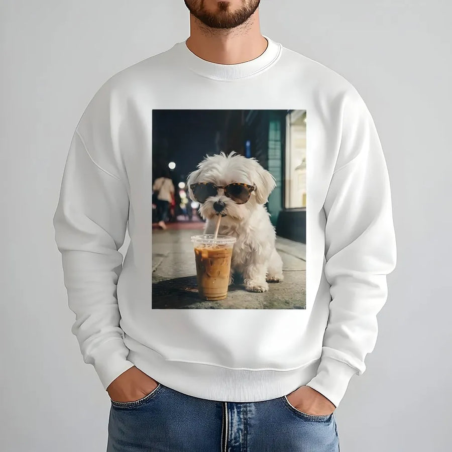 Cool Dog with Sunglasses Sweatshirt | Funny Maltese Drinking Iced Coffee | Premium Cotton Tee | Gift for Dog Mom & Dad