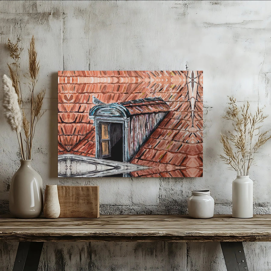 Pigeon on Rooftop Canvas Print | Watercolor Dormer Window Art | Gallery Wrap Wall Decor | European Architecture Gift for Home Office