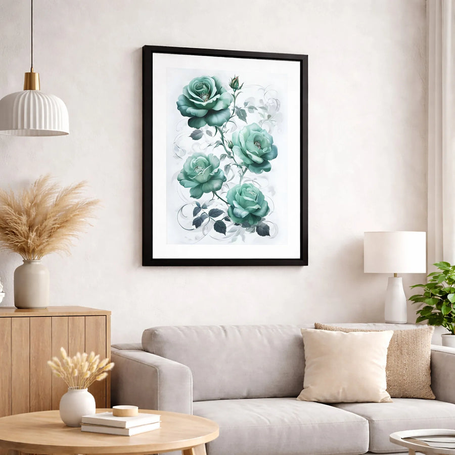 Teal Rose Wall Art Canvas | Elegant Floral Vine Botanical Print | Premium Fade-Resistant Gallery Wrap | Modern Home Decor Gift