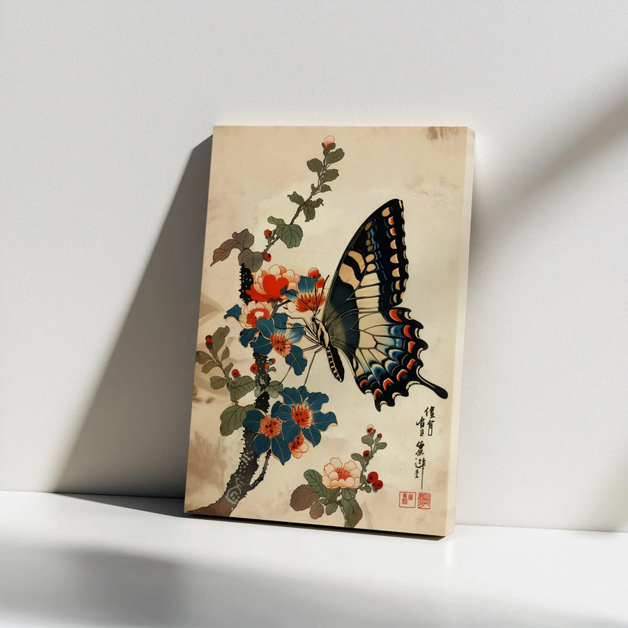 Japanese Swallowtail Butterfly Canvas Art | Vintage Floral Ukiyo-e Print | Gallery Wrapped Premium Canvas | Elegant Home Decor Gift