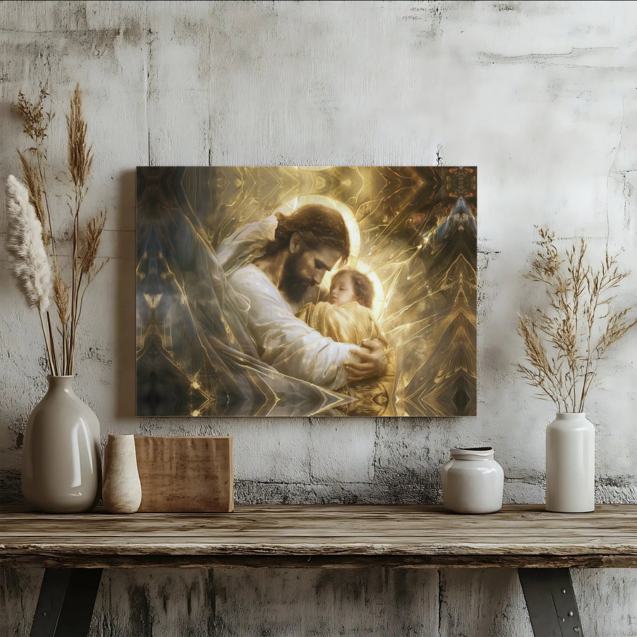 Jesus Holding Baby Canvas Art | Golden Light Religious Wall Decor | Premium Fade-Resistant Print | Spiritual Gift for Nursery or Home