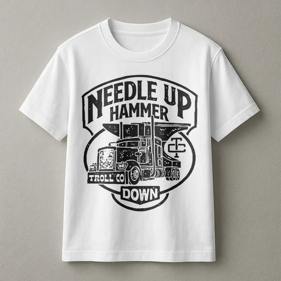 Trucker T-Shirt | Needle Up Hammer Down Semi Truck Design | Premium Soft Cotton Graphic Tee | Gift for Truck Drivers and Heavy Equipment Operators