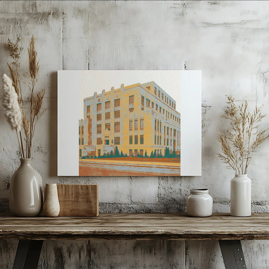 Vintage Architectural Canvas | Retro Art Deco Building Illustration | Premium Gallery Wrapped Print | Modern Home & Office Decor Gift