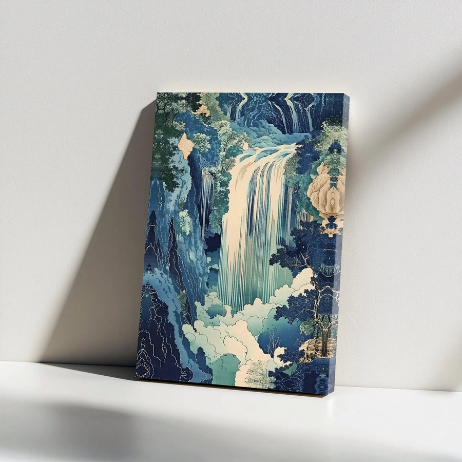 Japanese Waterfall Canvas Wall Art | Hokusai Inspired Ukiyo-e Print | Gallery Wrapped Premium Canvas | Serene Zen Home Decor Gift for Art Lovers
