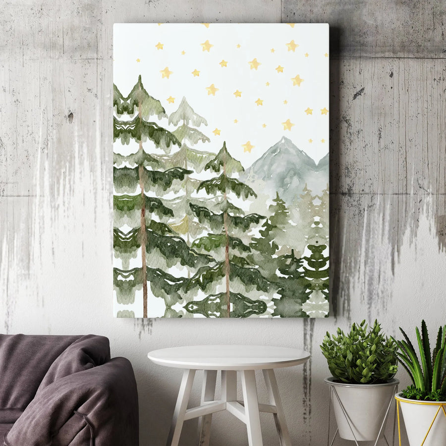 Watercolor Pine Forest Wall Art | Mountain and Stars Landscape Canvas | Premium Fade-Resistant Print | Nature Inspired Modern Home Decor