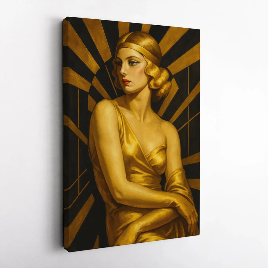 Art Deco Woman Portrait Canvas | Golden Gown Geometric Sunburst Print | 1.25 Inch Gallery Wrap | Elegant Vintage Style Home Office Decor