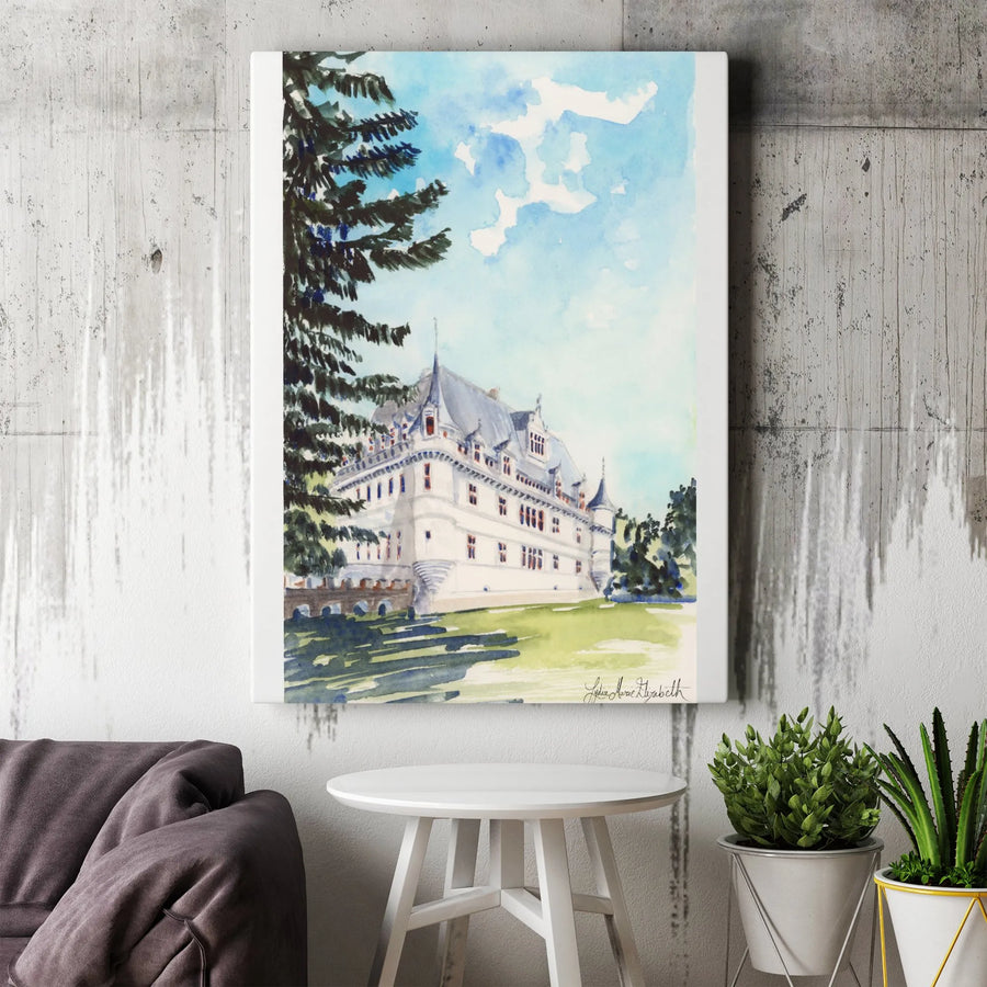 Château d'Azay-le-Rideau Canvas Wall Art | Watercolor French Castle Painting | Premium Fade-Resistant Print | Collector's Gift for France Traveler