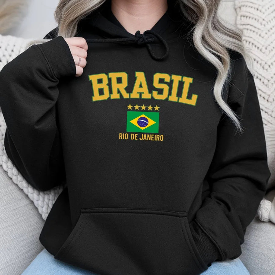 Brazil Hoodie | Rio de Janeiro Collegiate Style Graphic | Premium Brazilian Flag Crewneck | Unisex Souvenir Travel Gift