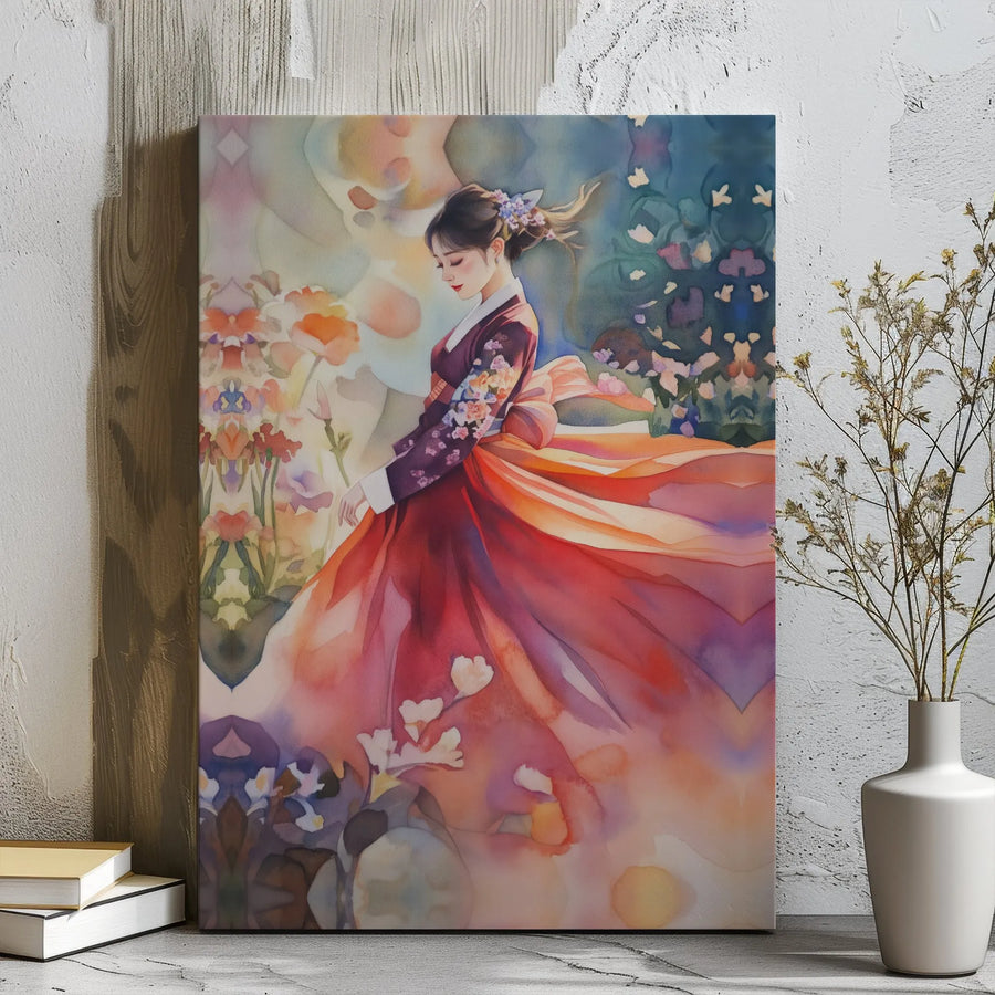 Korean Hanbok Woman Canvas Print | Watercolor Floral Garden Art | Gallery Wrap Wall Decor | Premium Gift for Asian Culture Enthusiasts