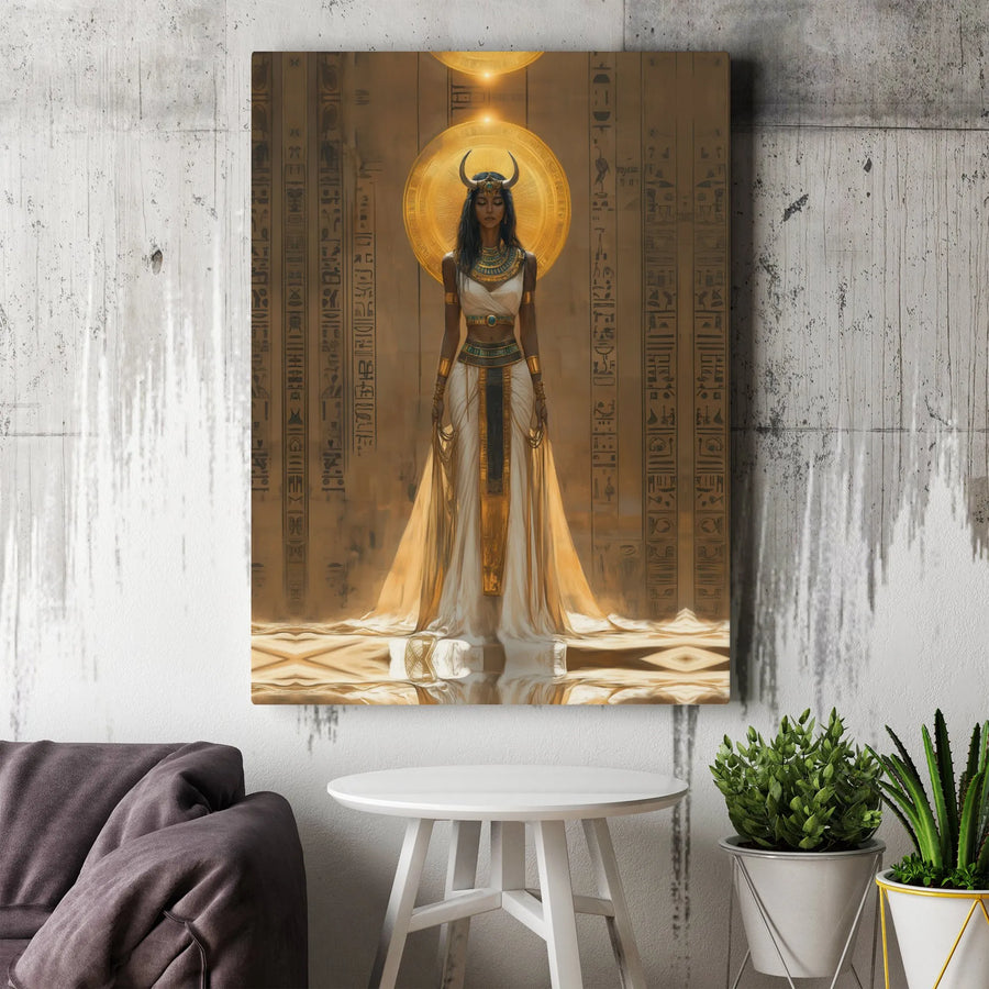 Egyptian Goddess Canvas Wall Art | Hathor Hieroglyph Gold Decor | Premium Gallery Wrap Print | Mythological Spiritual Home Gift
