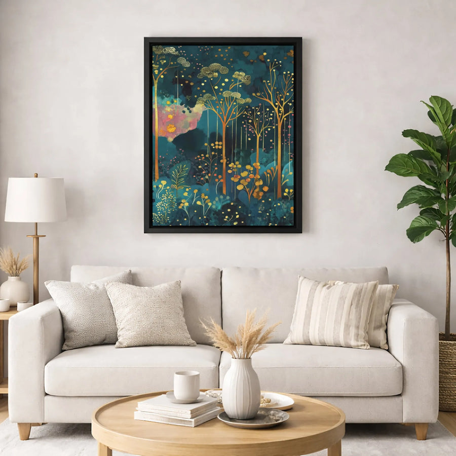 Abstract Teal And Gold Forest Canvas Print | Whimsical Golden Tree Wall Art | Premium Gallery-Wrapped 1.25" Profile | Modern Home Office Decor Gift