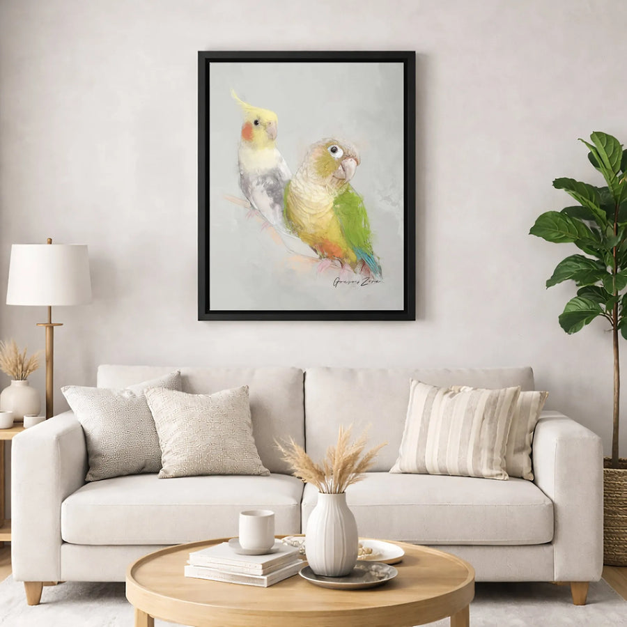 Cockatiel and Green Cheeked Conure Art | Watercolor Bird Portrait Print | Gallery-Quality 1.25" Canvas | Bird Lover Home Decor Gift