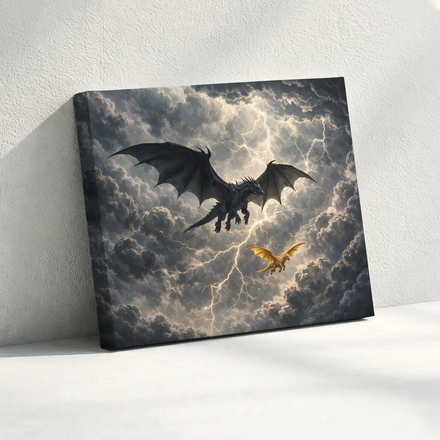 Epic Dragon Canvas Wall Art | Black and Gold Dragons in Lightning Storm | Premium Gallery Wrapped Canvas | Gift for Fantasy Lover, Gamer Room Decor