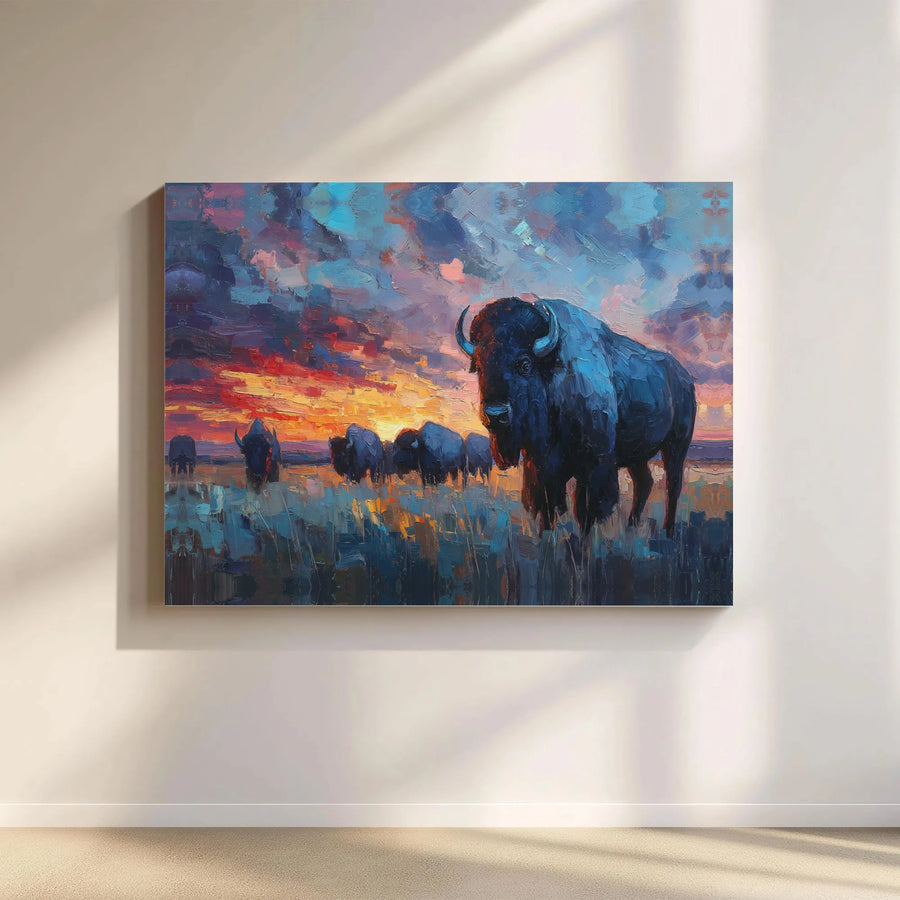 American Bison Canvas Wall Art | Impressionist Sunset Buffalo Herd Painting | 1.25-Inch Gallery Wrap Print | Western Home Decor Gift