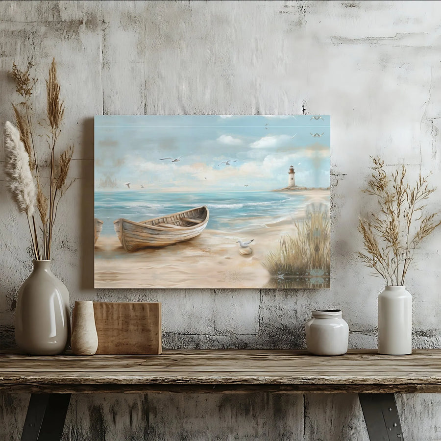 Coastal Beach Canvas Wall Art | Rowboat Lighthouse Seascape Painting | Premium Fade-Resistant Gallery Wrap | Nautical Home Decor Gift