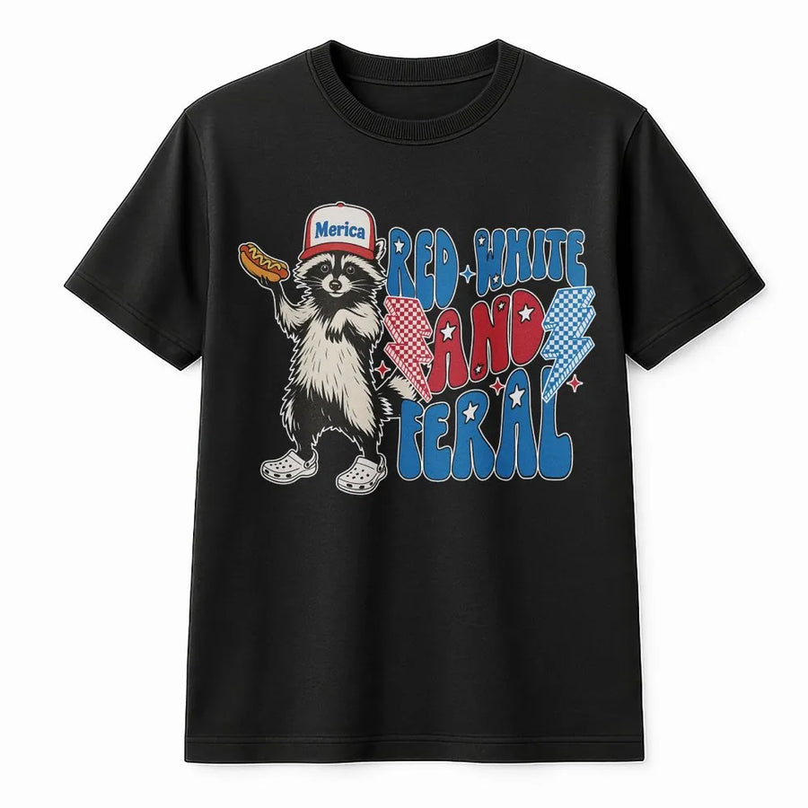 Red White and Feral Raccoon T-Shirt | Funny Patriotic USA Graphic Tee | Premium Cotton Casual Wear | 4th of July Independence Day Gift