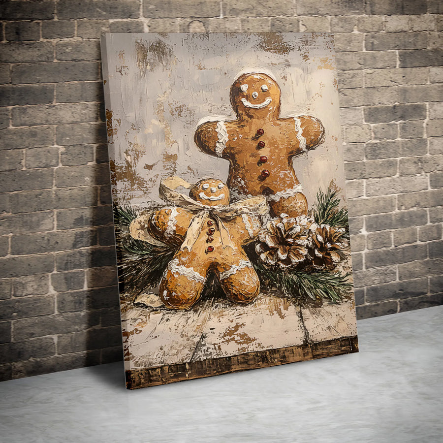 Gingerbread Men Christmas Canvas Wall Art | Rustic Impasto Winter Kitchen Decor | Premium Fade-Resistant Print | Festive Holiday Gift for Home