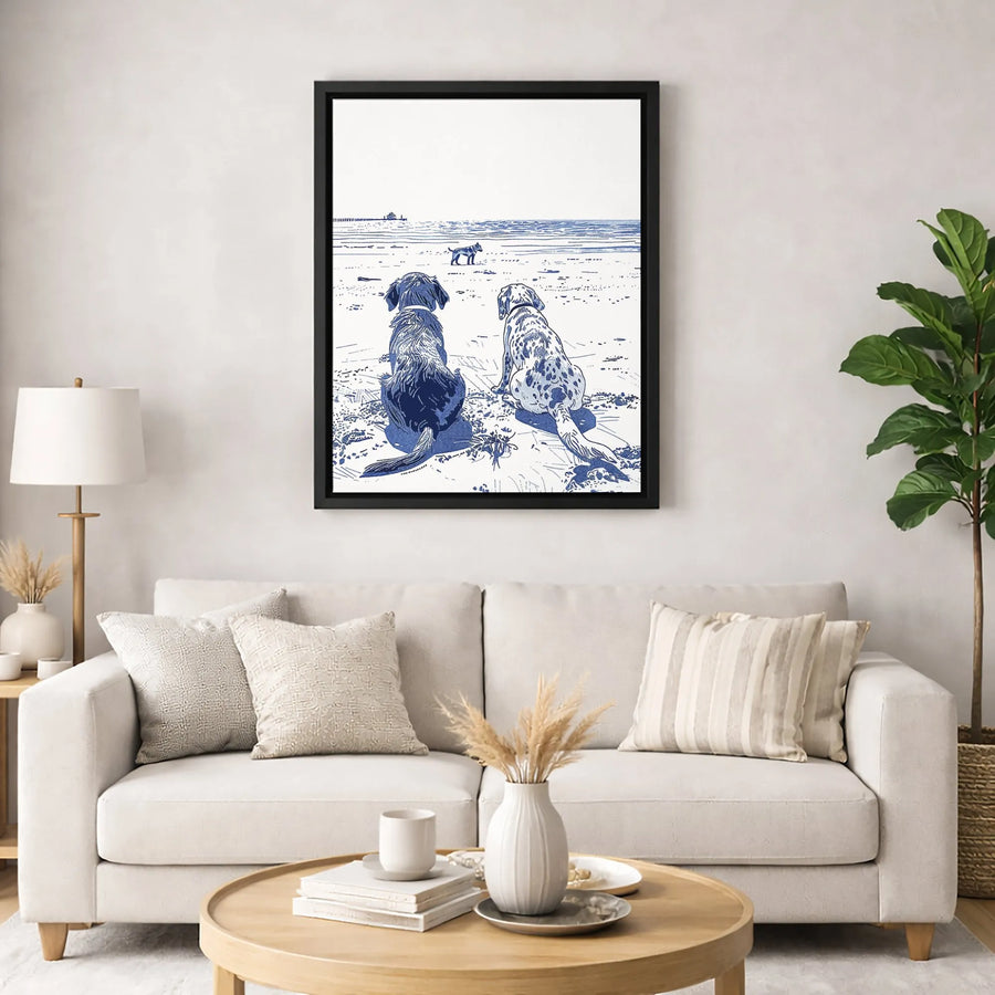 Dogs On Beach Canvas Wall Art | Coastal Blue And White Sketch | Gallery Quality 1.25 Inch Wrap | Dog Lover Gift Home Decor