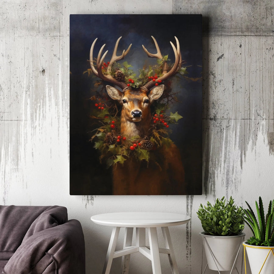 Majestic Stag Canvas Art | Christmas Holly Wreath Woodland Portrait | Gallery Wrap Premium Print | Holiday Lodge Decor Wall Gift