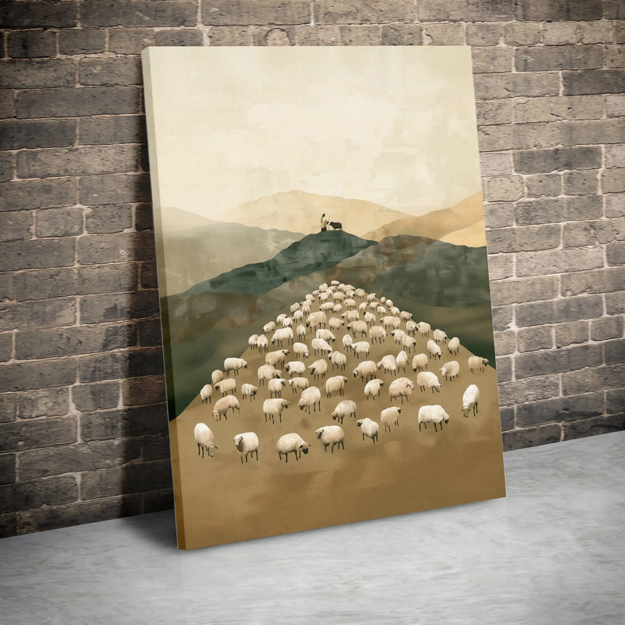 Good Shepherd Canvas | Minimalist Christian Artwork with Sheep Flock | Premium Canvas Print | Religious Home Decor Gift