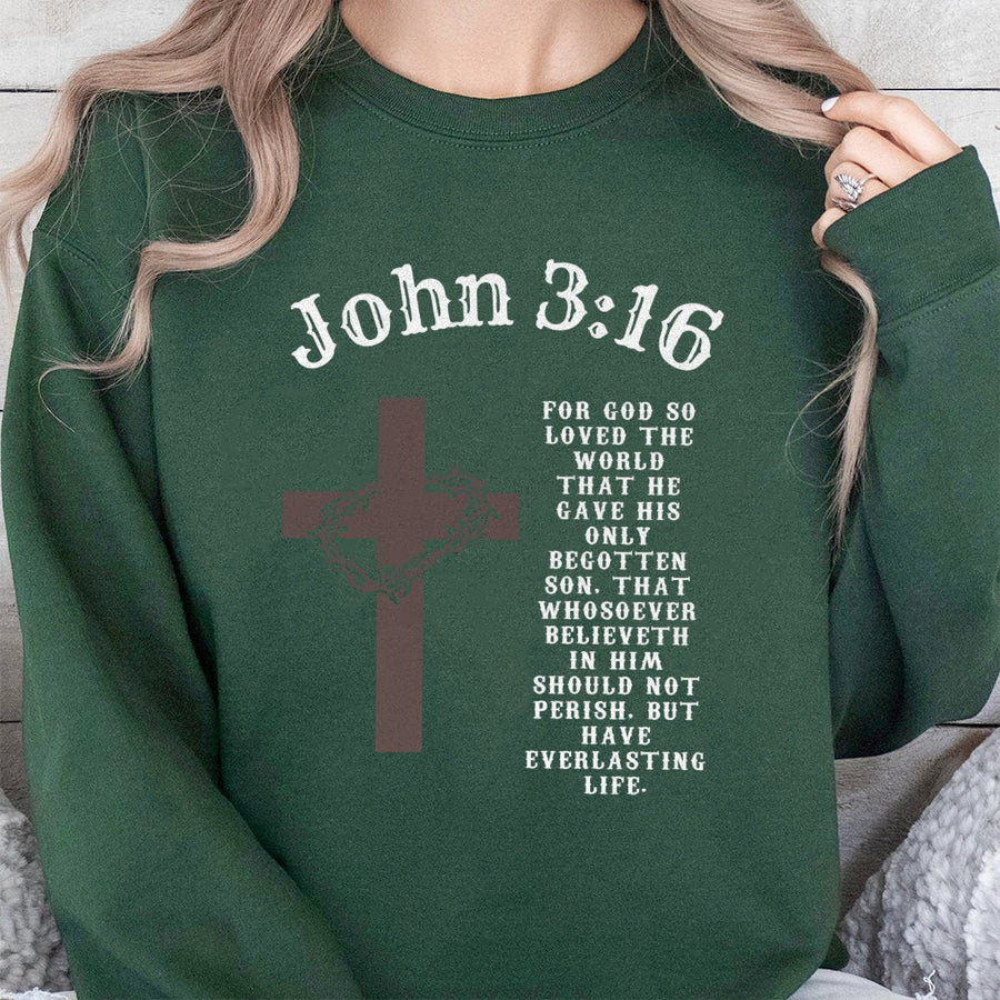 John 3:16 Sweatshirt | Bible Verse Cross Graphic | Cotton-Poly Premium Apparel | Christian Faith Gift for Men and Women