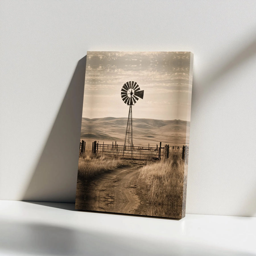 Rustic Windmill Canvas Wall Art | Sepia Farm Landscape Print | Premium Gallery Wrap Decor | Farmhouse Country Home Gift for Living Room