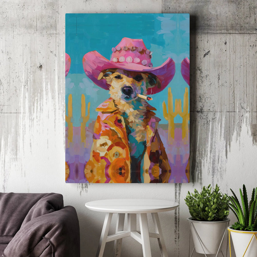 Western Dog Wall Art | Pink Cowboy Hat Desert Oil Painting | Gallery Wrapped Premium Canvas | Fun Cowboy Aesthetic Gift for Dog Lovers