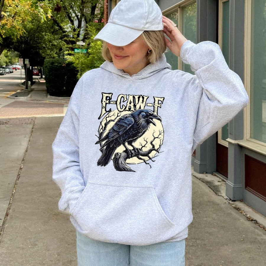 Raven Hoodie | Funny F-Caw-F Crow Pun Graphic | Premium Cotton Blend Pullover | Gothic Aesthetic Gift for Bird Lovers