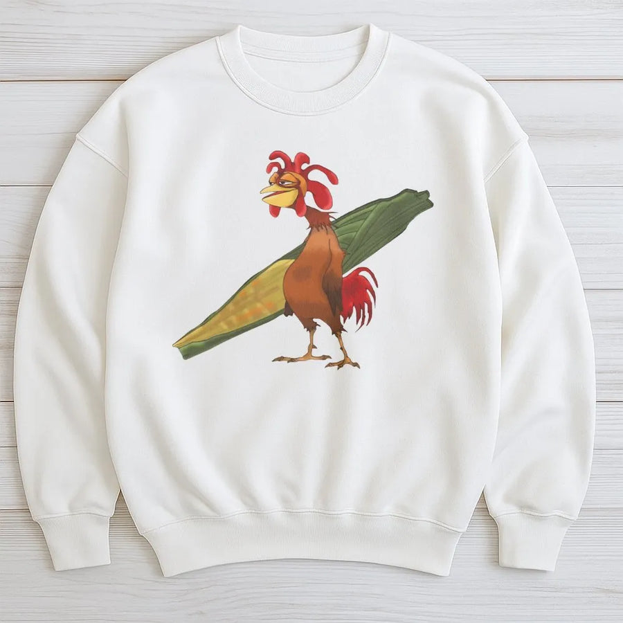 Surfing Chicken Sweatshirt | Funny Retro Cartoon Rooster Graphic | Premium Cotton Blend Crewneck | Coastal Surf Gift for Surfers