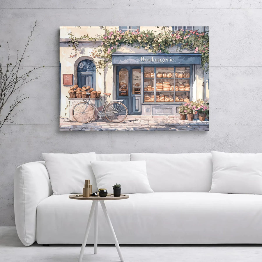 French Bakery Canvas Print | Charming Boulangerie Watercolor Street Scene | Premium 1.25" Gallery Wrap | European Kitchen Wall Decor Gift