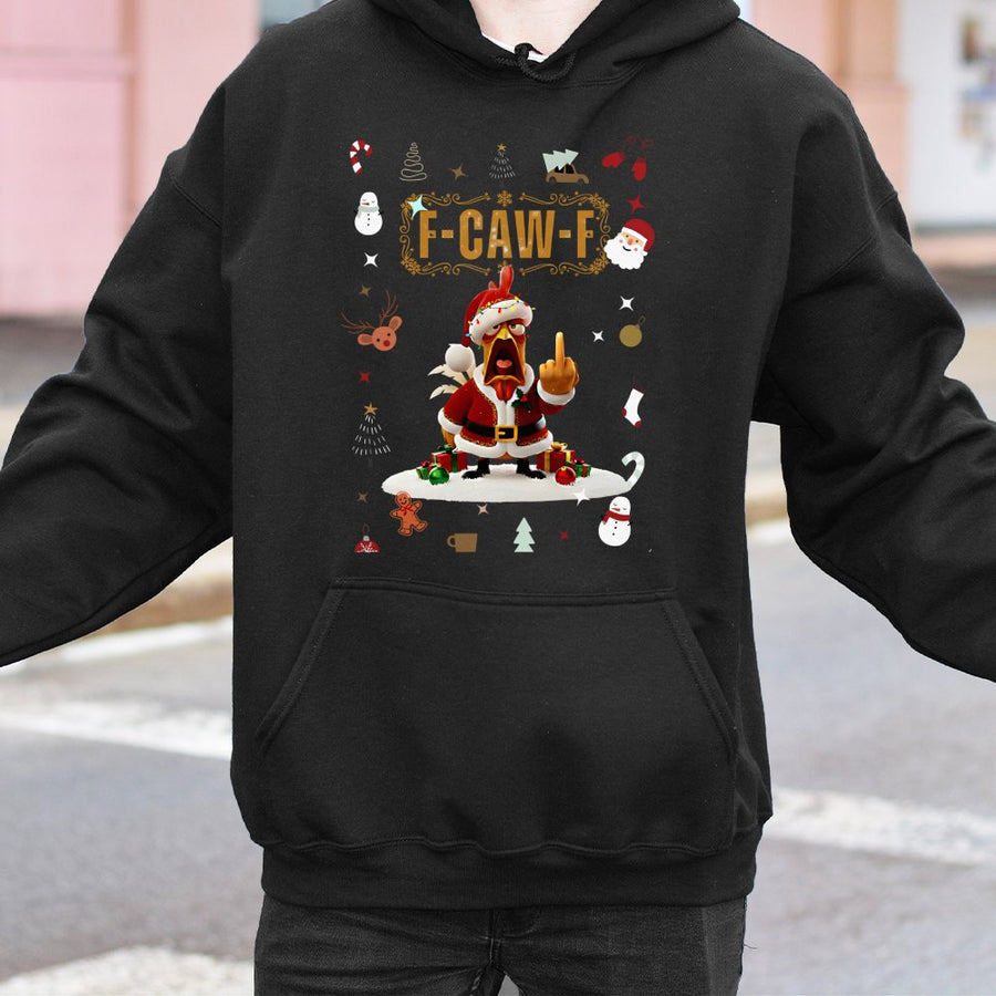 F-Caw-F Christmas Hoodie | Funny Santa Chicken Graphic | Soft Cotton-Polyester Blend | Rude Humor Gift for Men and Women