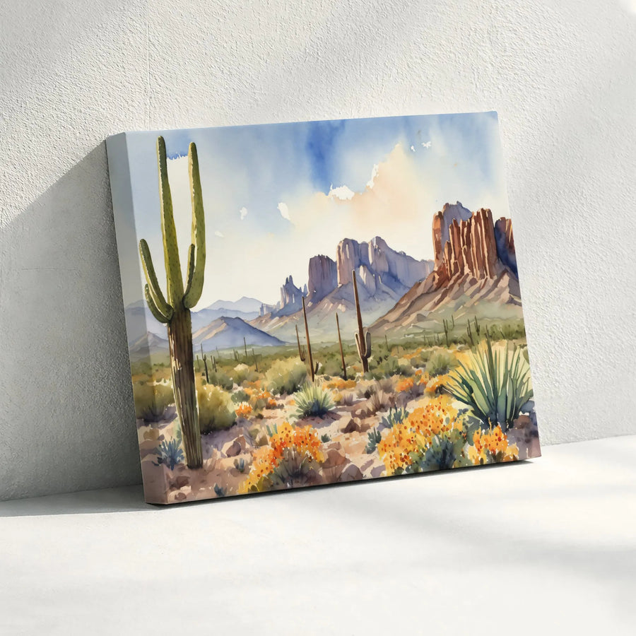Desert Landscape Canvas Wall Art | Watercolor Saguaro Cactus Painting | Premium Gallery Quality Canvas | Southwestern Home Decor Gift