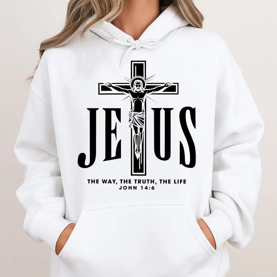 Jesus Cross Hoodie | John 14:6 Bible Verse Graphic | Premium Cotton Blend | Christian Faith Apparel Gift for Men and Women