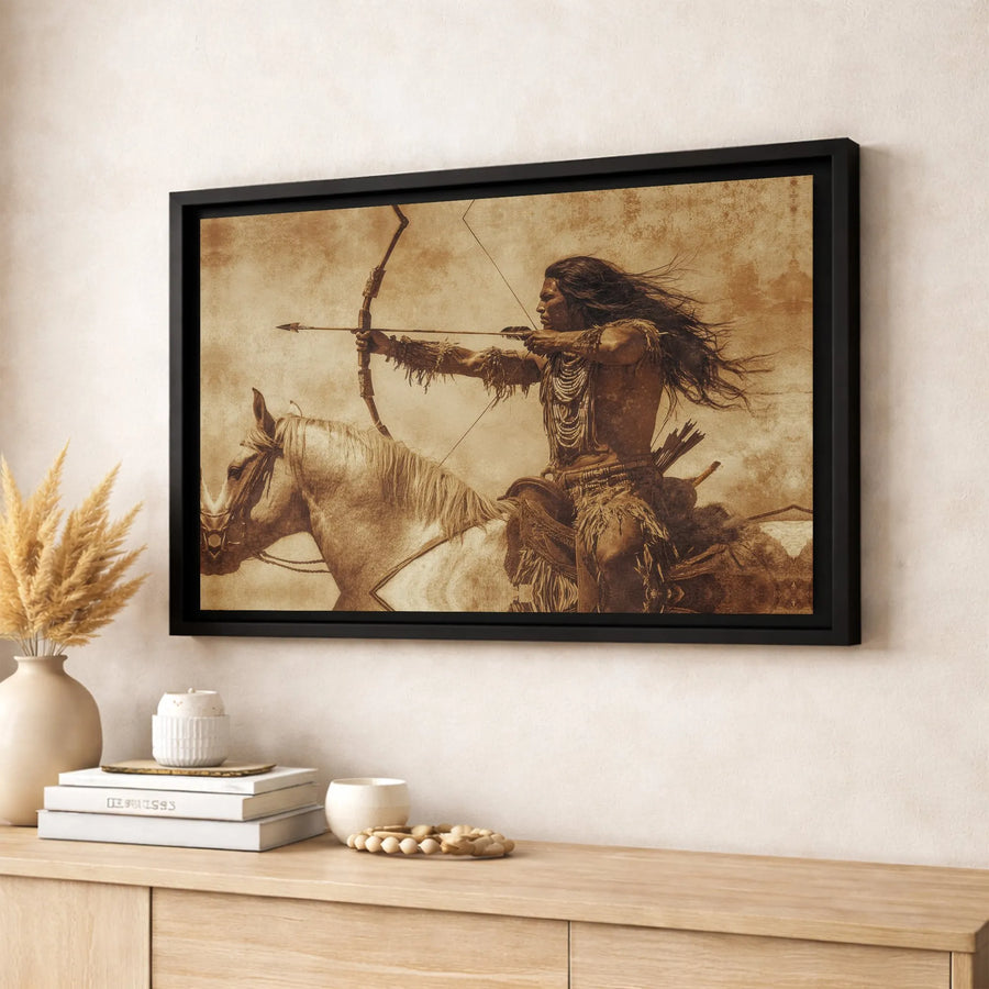 Native American Warrior Canvas Print | Horseback Archer Sepia Wall Art | Premium 1.25 Inch Gallery Wrap | Western Home Office Decor Gift