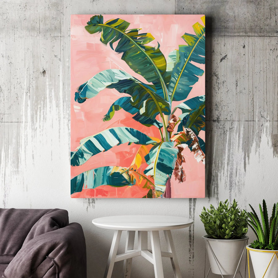 Tropical Banana Leaf Canvas Art | Pink Abstract Botanical Wall Decor | Gallery-Wrapped Premium Print | Modern Living Room Home Gift