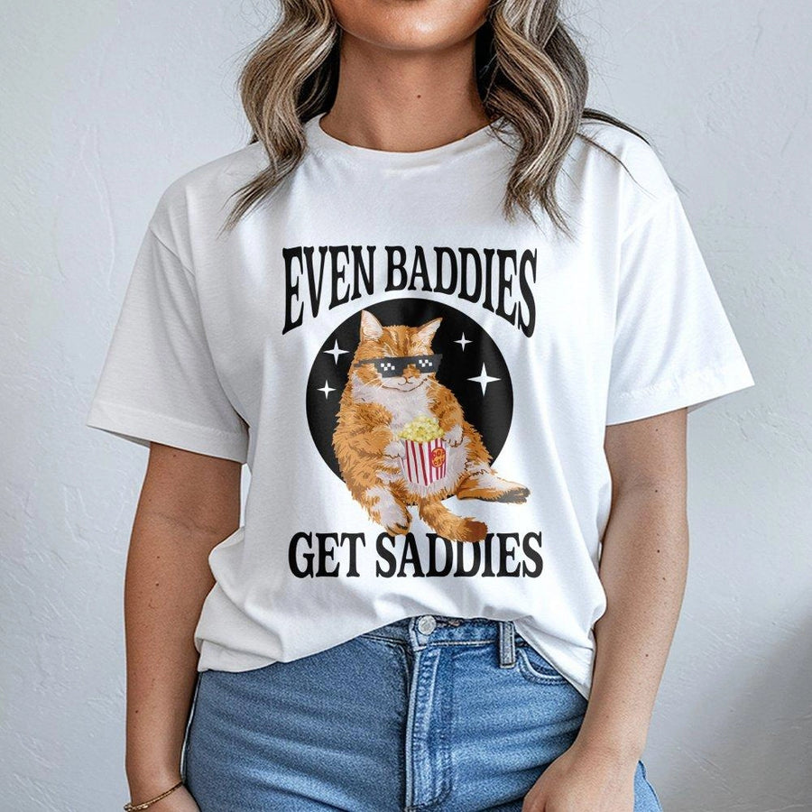 Even Baddies Get Saddies T-Shirt | Funny Cat Wearing Sunglasses Eating Popcorn | 100% Cotton Premium Graphic Tee | Trendy Gift for Cat Lovers & Meme Fans
