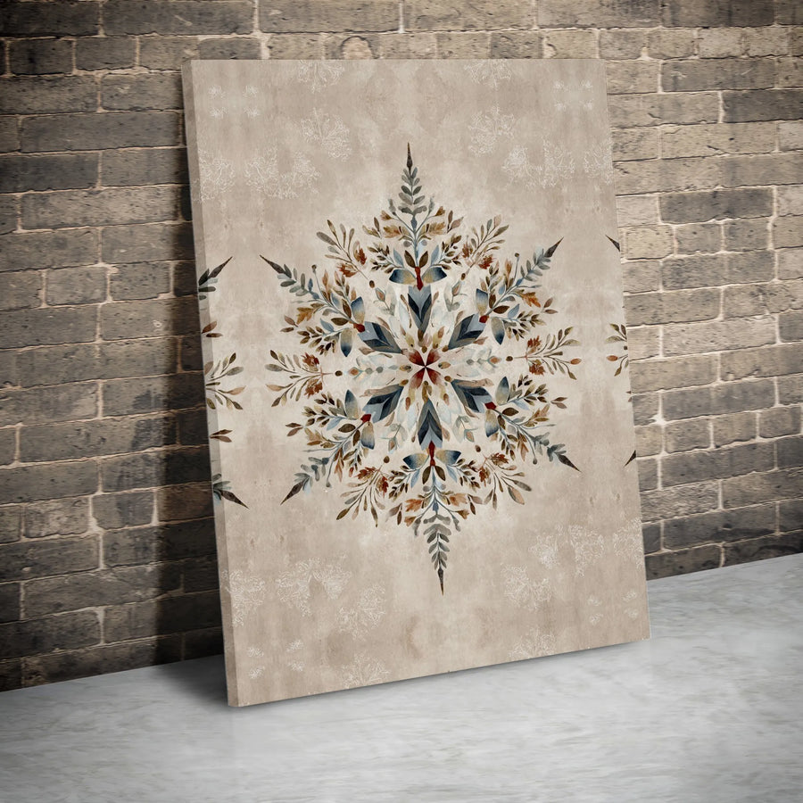 Rustic Botanical Mandala Canvas Art | Watercolor Leaf Snowflake Print | Premium Framed Wall Decor | Modern Farmhouse Living Room Gift