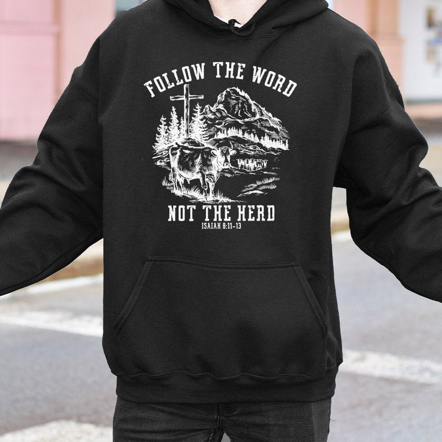 Follow The Word Not The Herd Hoodie | Christian Scripture Cross Graphic | Soft Cotton-Poly Blend | Religious Faith Gift For Men And Women