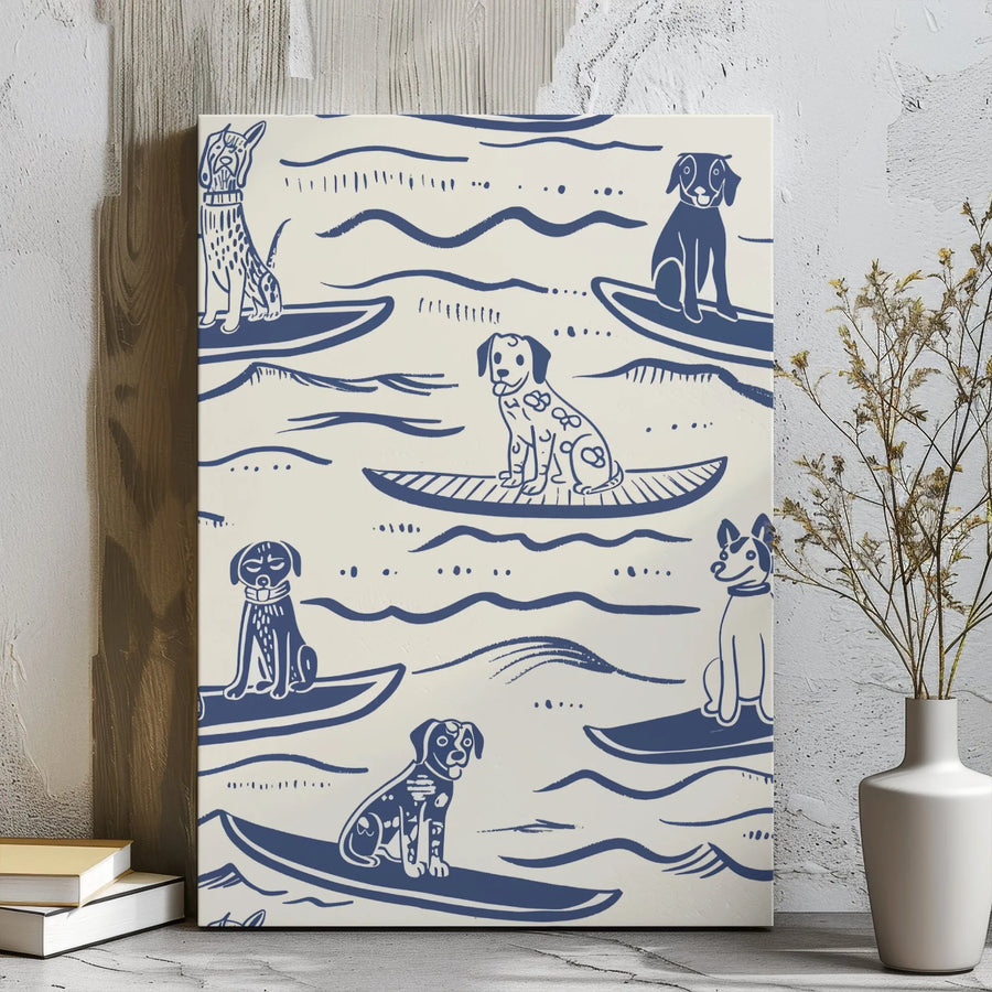 Surfing Dogs Canvas Wall Art | Playful Coastal Dog Illustration | Premium Gallery Wrap Wooden Frame | Beach House Decor Gift for Dog Lovers