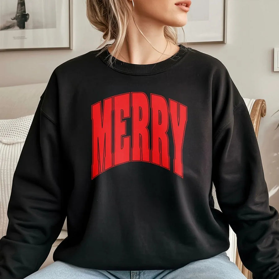 Merry Christmas Sweatshirt | Vintage Varsity Arch Lettering | Premium Cotton Blend Crewneck | Cozy Holiday Gift for Women and Men