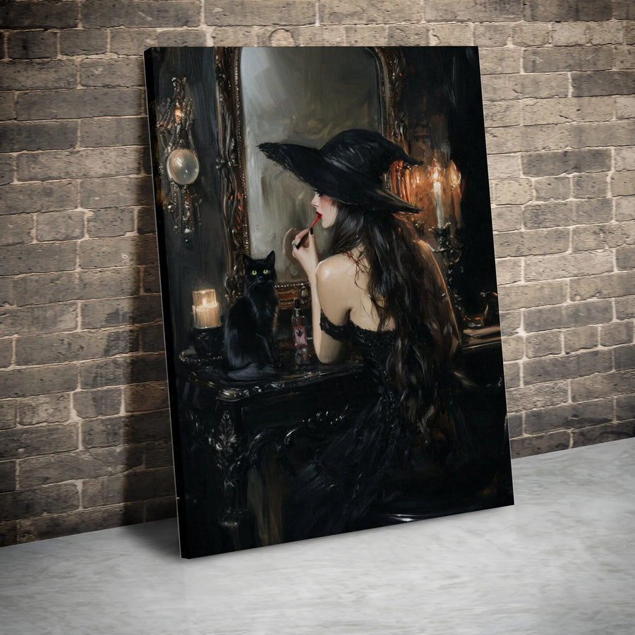 Gothic Witch Canvas Wall Art | Black Cat Vanity Portrait | Gallery-Quality Fade-Resistant Print | Dark Academia Home Decor Gift