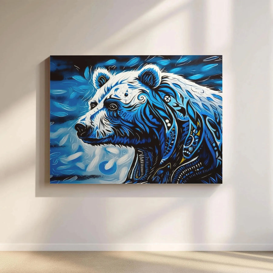 Abstract Polar Bear Canvas Wall Art | Tribal Blue Wildlife Design | 1.25-inch Premium Gallery Profile | Modern Home Decor Gift