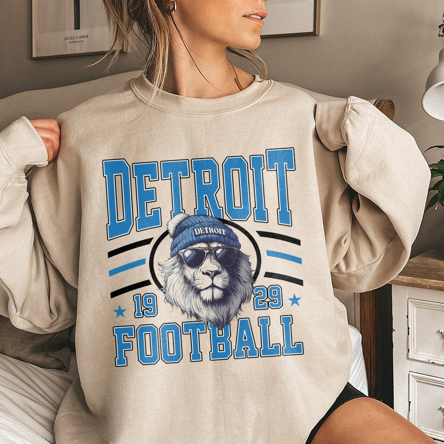 Detroit 1929 Football With A Lion Mascot Wearing A Beanie And Sunglasses Sweatshirt