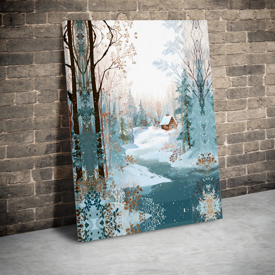 Winter Forest Canvas Wall Art | Snowy Cabin and Frozen River Landscape | Premium Fade-Resistant Print | Cozy Cabincore Home Decor Gift