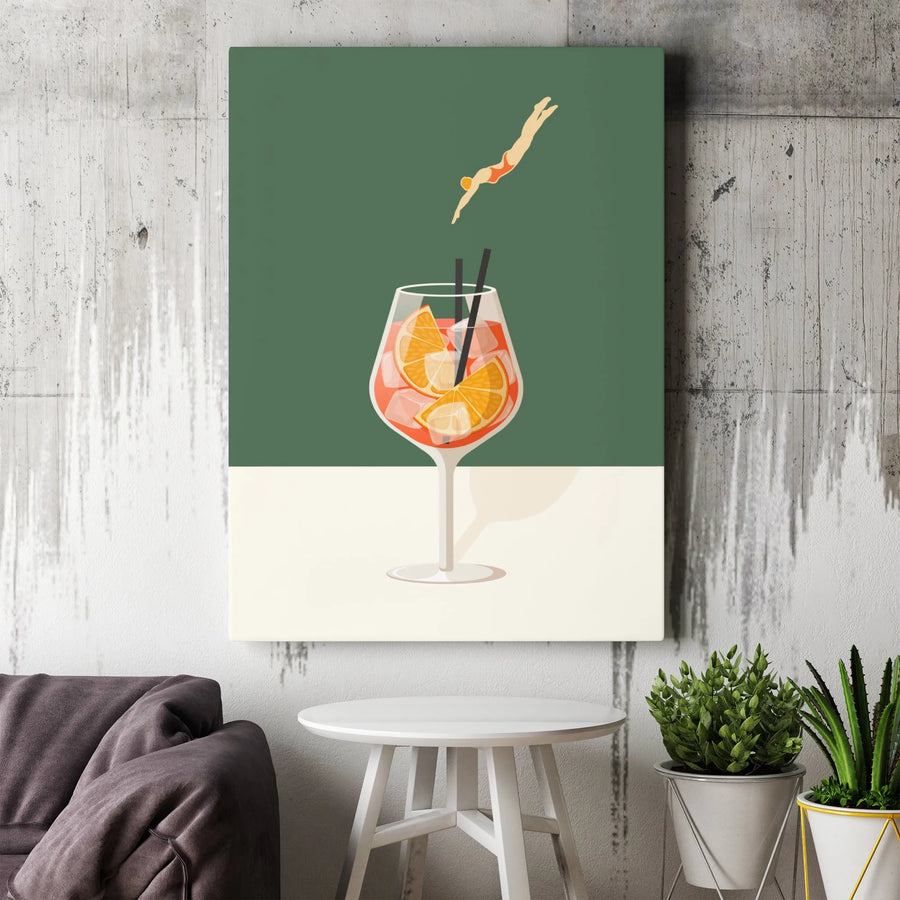 Cocktail Canvas Wall Art | Woman Diving Into Spritz Illustration | Premium Gallery Wrap Print | Modern Kitchen Bar Decor
