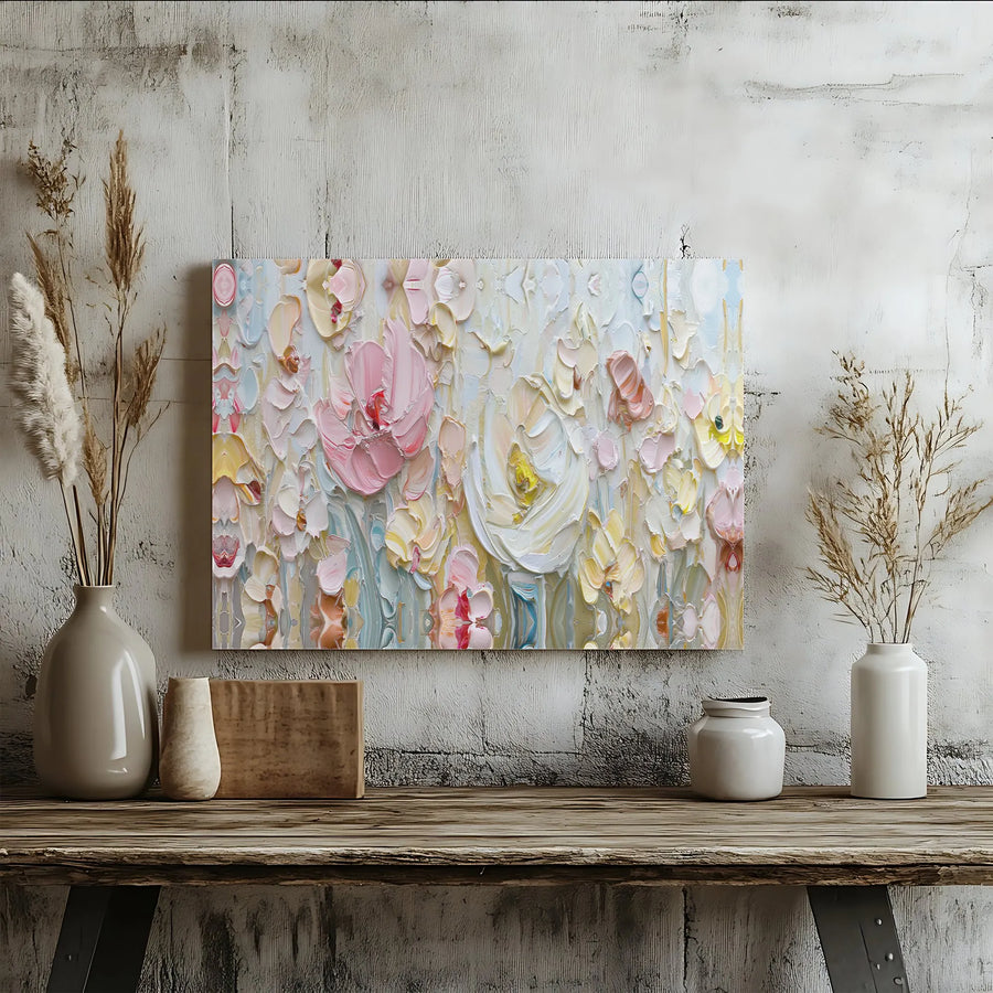 Textured Floral Horizontal Canvas | Abstract Pastel Impasto Flower Wall Art | 1.25" Gallery Wrapped Premium Print | Modern Aesthetic Home Decor Gift