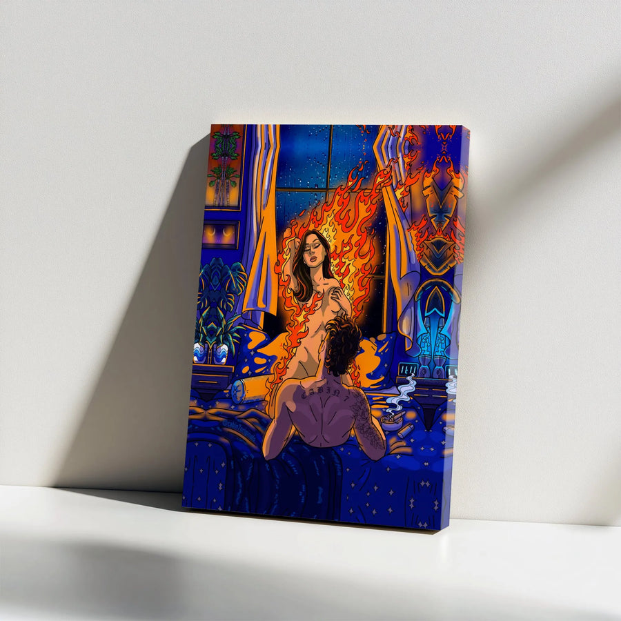 Twin Flame Canvas Wall Art | Vibrant Lovers Embrace, Psychedelic Bedroom Illustration | Premium Gallery Wrapped Canvas | Bedroom Decor Gift for Couples