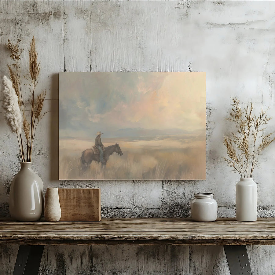 Western Cowboy Canvas Wall Art | Lone Rider at Sunrise Painting | Premium Thick Gallery Canvas | Rustic Farmhouse Decor Gift